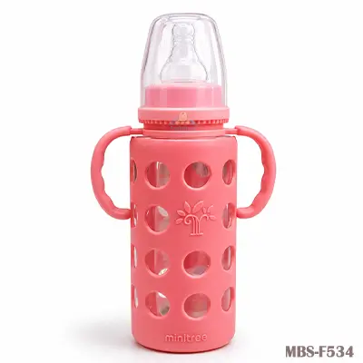Minitree Slimneck Glass Feeding Bottle 6m+ 240ml – Red | Safe & Comfortable Feeding Solution