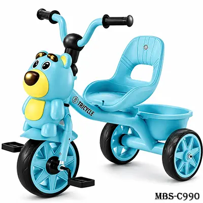 Kids Tricycle with Push Handle – Blue 3-Wheel Baby Tricycle with Safety Seat, Pedals, Storage Basket & Backrest for Toddlers