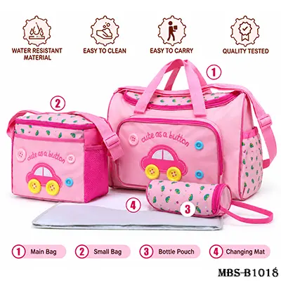 4-Piece Baby Diaper Bag Set – Multifunctional Baby Nappy Bag with Main Bag, Small Bag, Bottle Pouch & Changing Mat, Water-Resistant & Easy-to-Carry – Pink