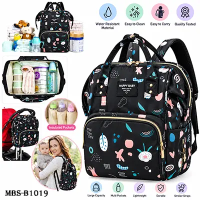Multifunctional Baby Diaper Backpack – Large Capacity Waterproof Nappy Bag with Multiple Pockets, Insulated Bottle Compartments, Changing Mat & Stroller Straps – Black