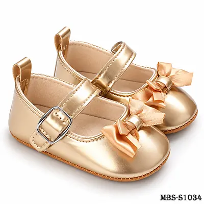 Baby Girl Bow Mary Jane Shoes – Soft Sole Newborn First Walker Shoes 0-1 Years – Golden – 11cm/12cm/13cm